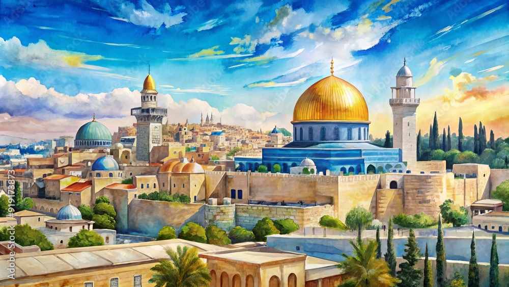 Fototapeta premium Vibrant watercolor illustration of Jerusalem's iconic skyline featuring the Dome of the Rock, Western Wall, and Tower of David against a serene blue sky.