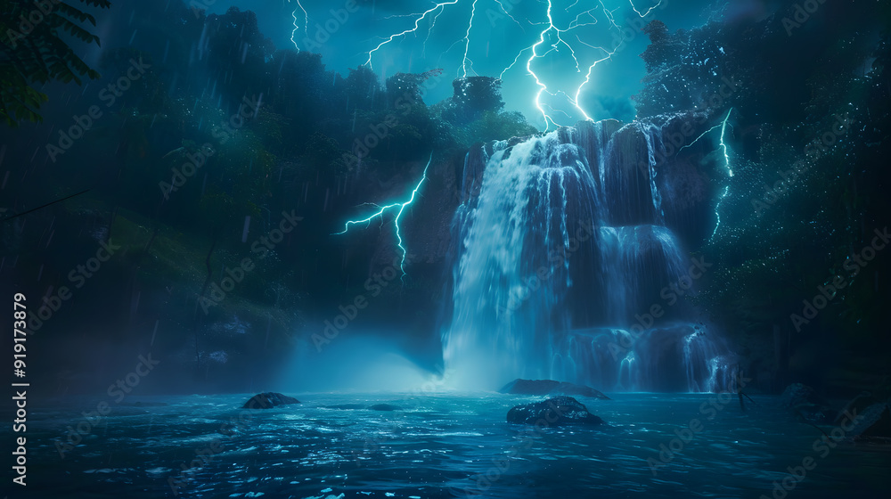 A waterfall with a storm in the background. A waterfall with a storm in the background.