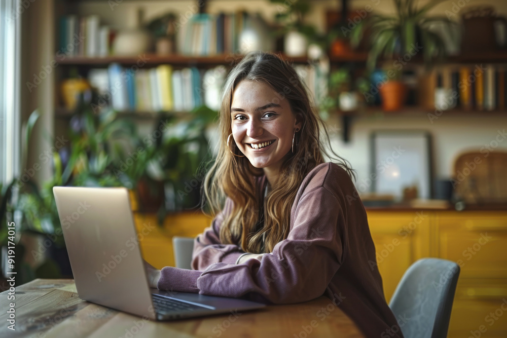 Young smiling pretty girl student sitting at table at home office with laptop computer Young smiling pretty girl student sitting at table at home office with laptop computer