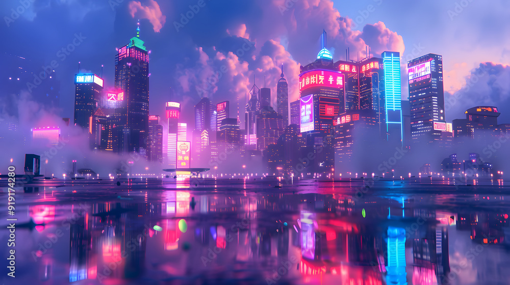 A city skyline with a tall building in the middle. The sky is a mix of blue and pink A city skyline with a tall building in the middle. The sky is a mix of blue and pink