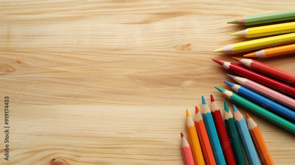 bunch of color pencils on empty wooden mockup bunch of color pencils on empty wooden mockup
