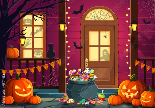 Halloween door porch with sweets bucket and danger scary pumpkins. Fall season horror, Halloween home porch vector background with candy in cauldron, pumpkin lanterns, bats and ghosts silhouettes