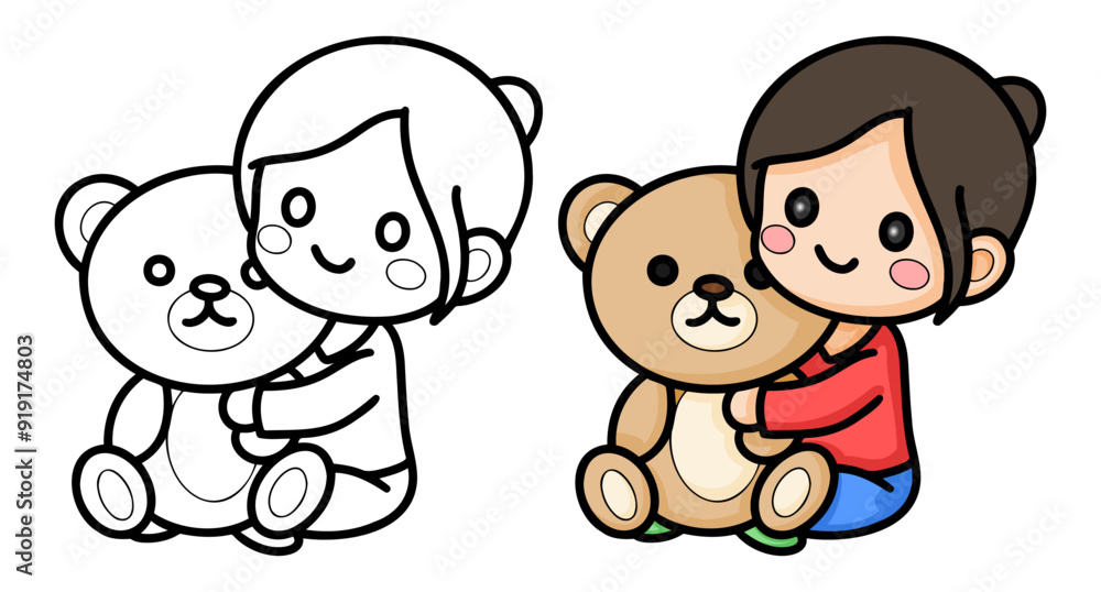 learn to color little girl and teddy bear, coloring book, coloring pages for children.