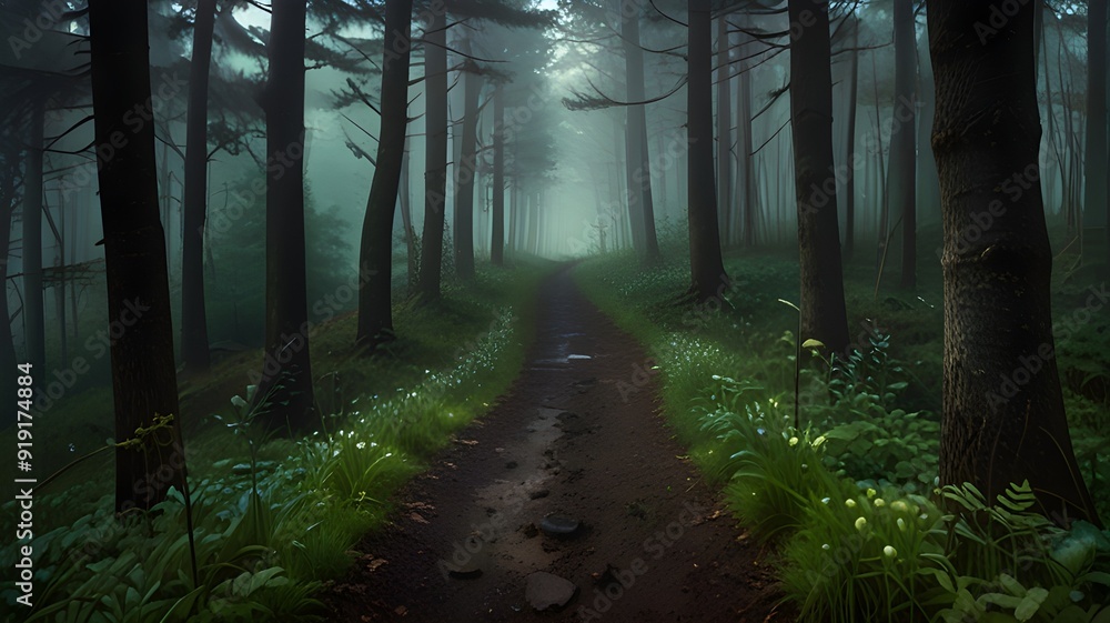 Obraz premium The concept of uncertainty,A path through the forest with no one knowing where it is going
