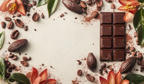 Chocolate bars, cocoa beans and powder. Top view copy space for text photo