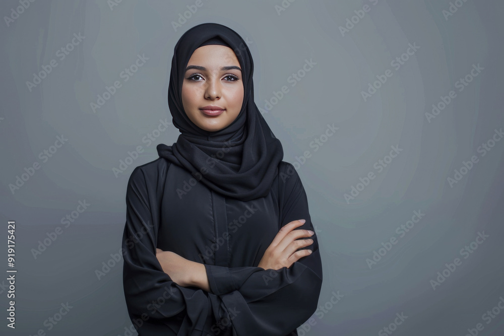 Young confident arabian muslim woman in abaya hijab with hands crossed folded isolated background Young confident arabian muslim woman in abaya hijab with hands crossed folded isolated background