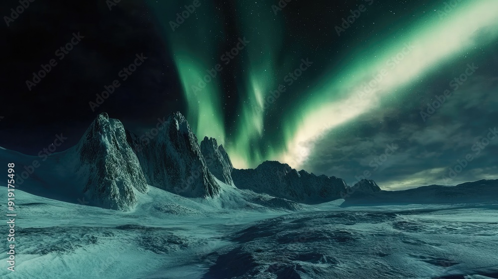 Naklejka premium Aurora australis lighting up the polar night sky over icy terrain