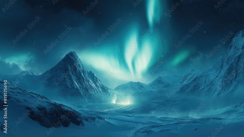 Fototapeta premium Aurora borealis creating a magical scene over a snow-covered valley