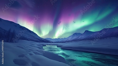 Aurora borealis creating a magical scene over a snow-covered valley