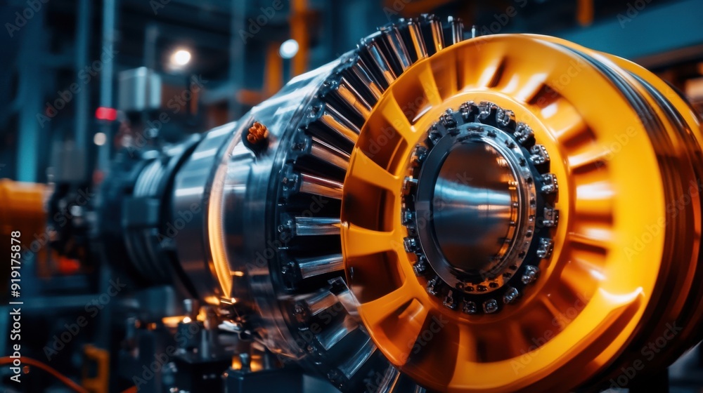 A yellow and silver machine with a large round part A yellow and silver machine with a large round part