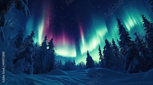 Aurora borealis creating a stunning light display over a remote snowy forest