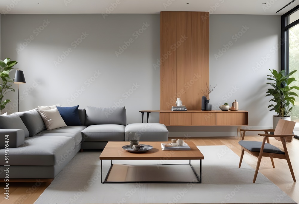 A modern living room with a gray sofa a white lamp and wall poster decorative . A modern living room with a gray sofa a white lamp and wall poster decorative .