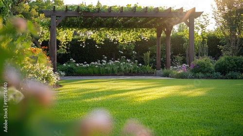 Fototapeta Naklejka Na Ścianę i Meble -  Beautifully landscaped green lawn with a pergola covered in flowering vines