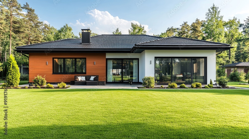 Beautifully maintained lawn in front of a modern one-story house with large windows