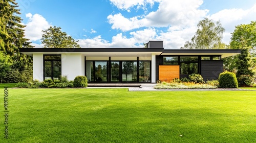 Beautifully maintained lawn in front of a modern one-story house with large windows