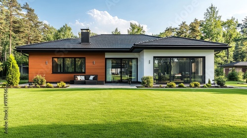 Obraz na płótnie Beautifully maintained lawn in front of a modern one-story house with large windows w salonie