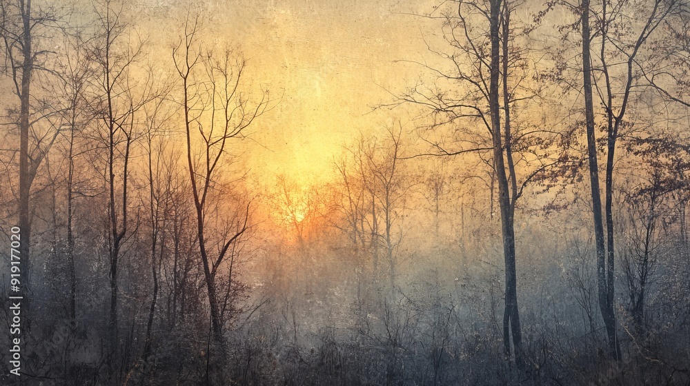 With the break of dawn, the sun's gentle radiance filters through the barren tree limbs, casting a peaceful and calm aura over the woodland With the break of dawn, the sun's gentle radiance filters through the barren tree limbs, casting a peaceful and calm aura over the woodland