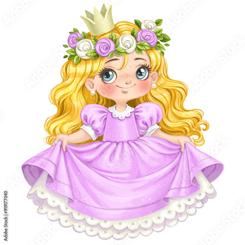 Cute cartoon Princess in lush purple dress wearing a wreath of roses watercolor paint