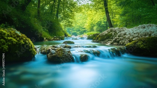 Clean, blue river flowing through a green, forested area, promoting clean water sources