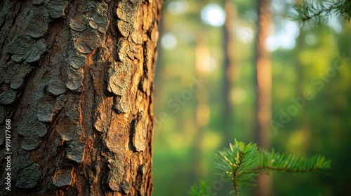 Close-up of a pine tree trunk with textured bark in a green forest