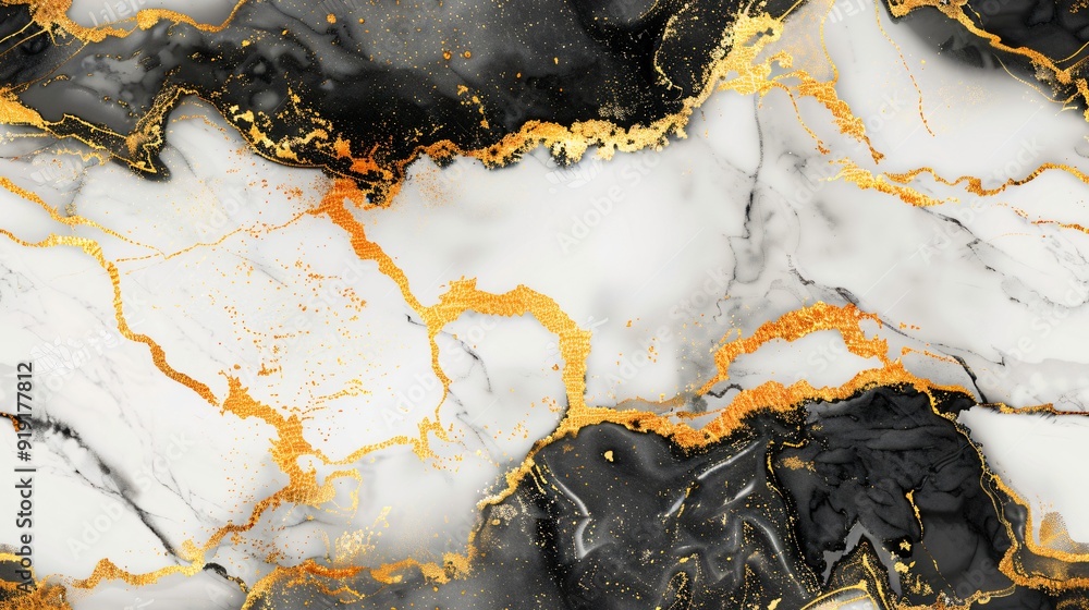 Obraz premium Abstract marble texture with gold and black veins on white background. Seamless pattern and Generative AI.