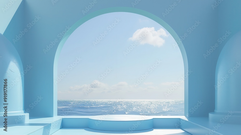 Fototapeta premium Podium for summer product display, sea beach background, 3D render, pastel colors, minimal style.