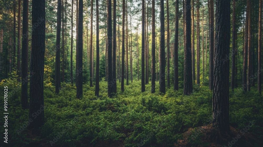 Dense pine forest with tall, straight trees and a lush undergrowth Dense pine forest with tall, straight trees and a lush undergrowth