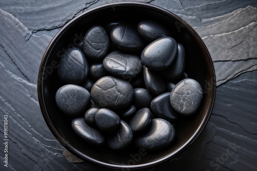 Smooth Black Pebbles in a Wooden Bowl on Slate Stone Background