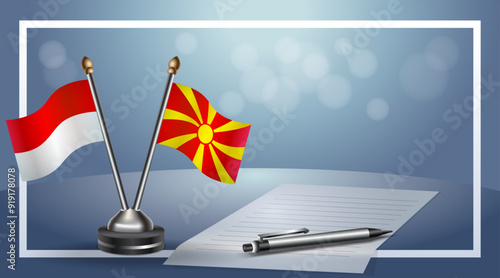 Indonesia and Macedonia Small national flag on bokeh background, cooperative relationship