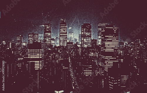 Photography Night City view, Tokyo, New York, Singapore, skyscrapers, photocopy style, halftone, grunge, y2k, 80s, 90s