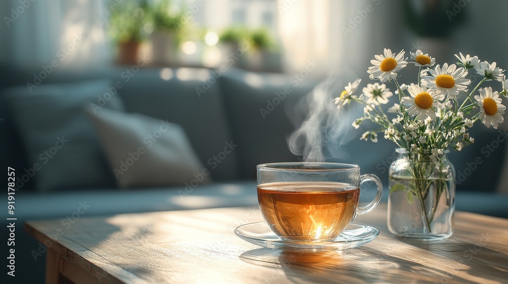 A Cup of Tea with Steaming Vapor and Daisies in a Vase on a Wooden Table A Cup of Tea with Steaming Vapor and Daisies in a Vase on a Wooden Table