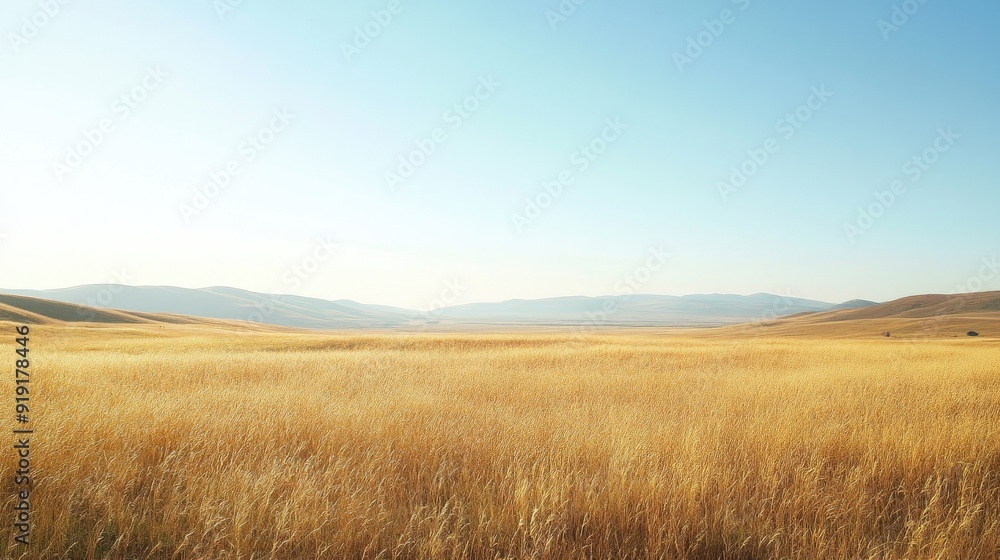 Expansive grassland with golden grasses swaying in the breeze under a clear sky Expansive grassland with golden grasses swaying in the breeze under a clear sky