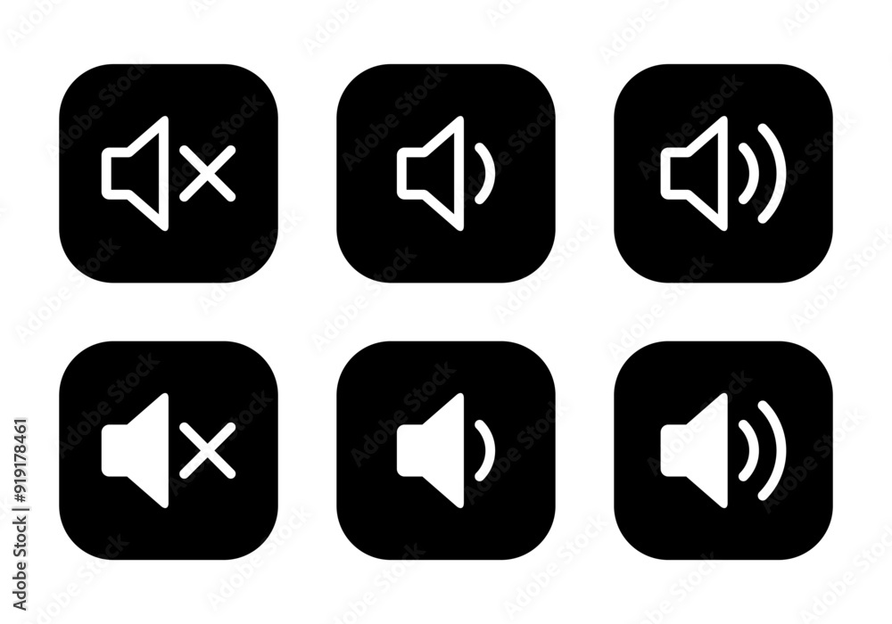 Mute and volume speaker icon set black square Mute and volume speaker icon set black square