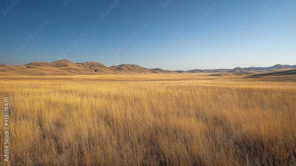 Expansive grassland with golden grasses swaying in the breeze under a clear sky Expansive grassland with golden grasses swaying in the breeze under a clear sky