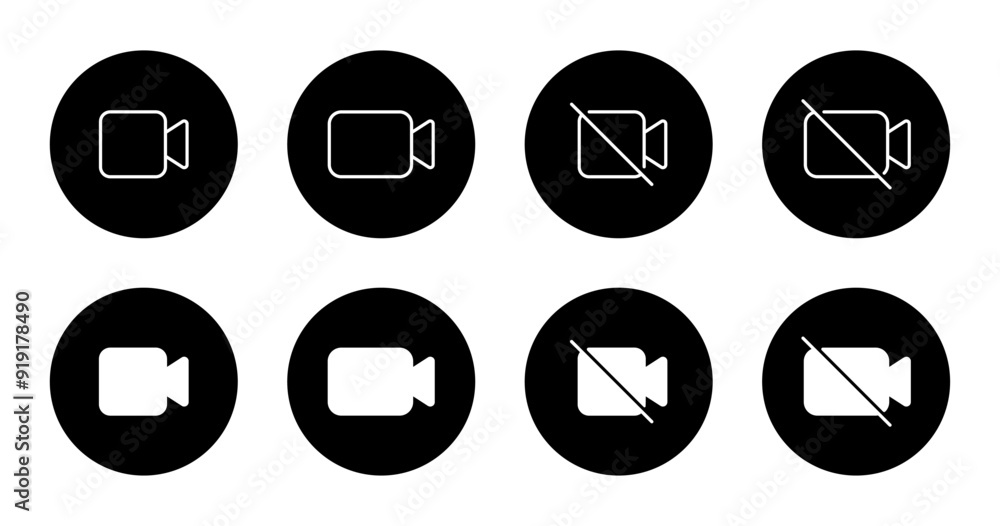 Video camera icon set collection on black circle. Camcorder, cam button