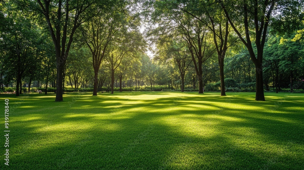 Obraz premium Expansive green lawn with a row of tall trees providing shade on a sunny afternoon
