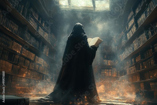 enchanted scholar immersed in ancient tome candlelight casting ethereal glow mystical library backdrop swirling magical energies richly detailed renaissanceinspired illustration photo