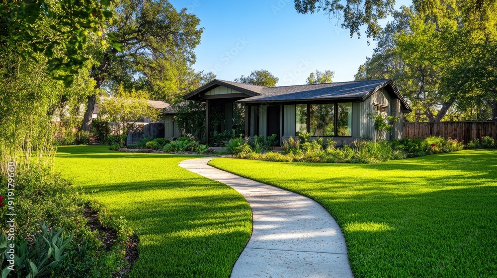 Green lawn beside a one-story house with a welcoming front yard and pathway Green lawn beside a one-story house with a welcoming front yard and pathway