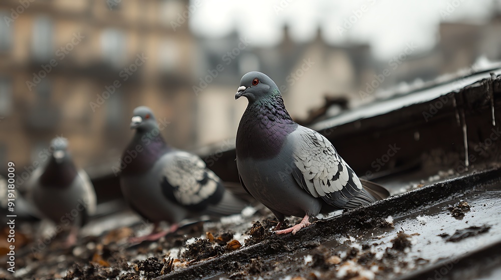 Fototapeta premium Pigeons Perched on a Wet Rooftop