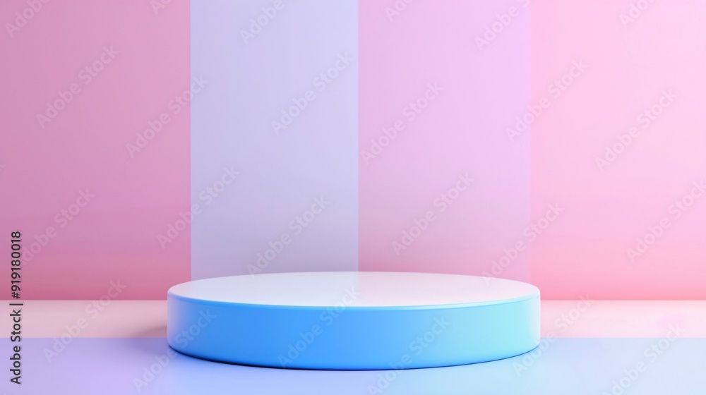 An empty white and blue podium on the pink and violet background, for display product. Generative AI. An empty white and blue podium on the pink and violet background, for display product. Generative AI.