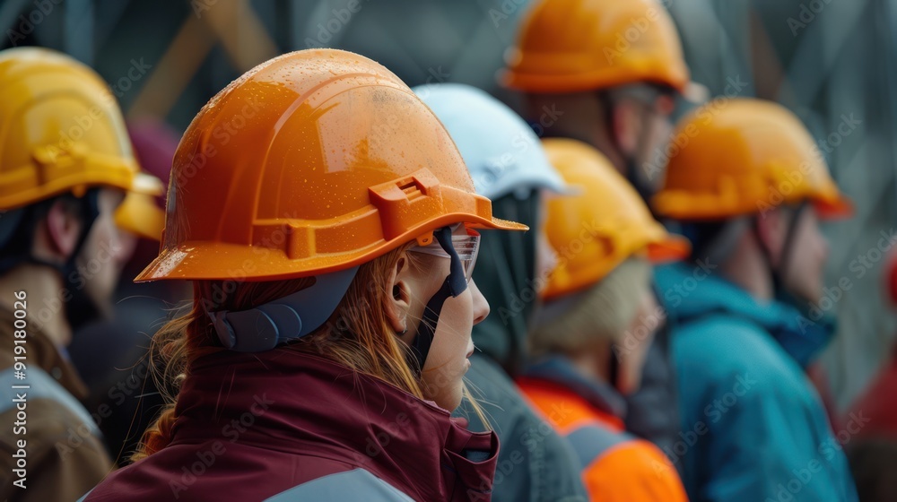 Woman Wearing an Orange Hard Hat in a Group of People Woman Wearing an Orange Hard Hat in a Group of People