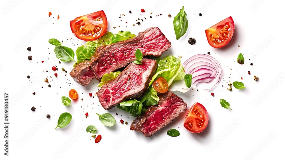 Grilled Steak with Salad and Spices on White Background Grilled Steak with Salad and Spices on White Background