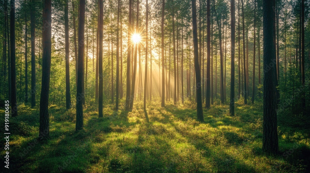 Green pine forest on a sunny day, with rays of light creating a magical atmosphere Green pine forest on a sunny day, with rays of light creating a magical atmosphere