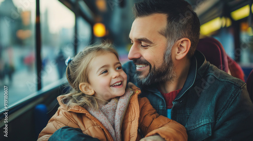 Father and daughter having a great time while commuting, cheerful and playful interaction in vehicle, joyful travel experience

 photo