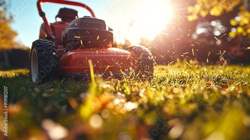 Man Mows Lawn at Sunset Creating Serene Backyard Atmosphere