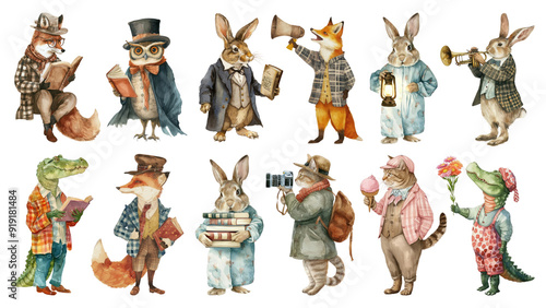 Fototapeta Naklejka Na Ścianę i Meble -  PNG vintage animal character element set, transparent background