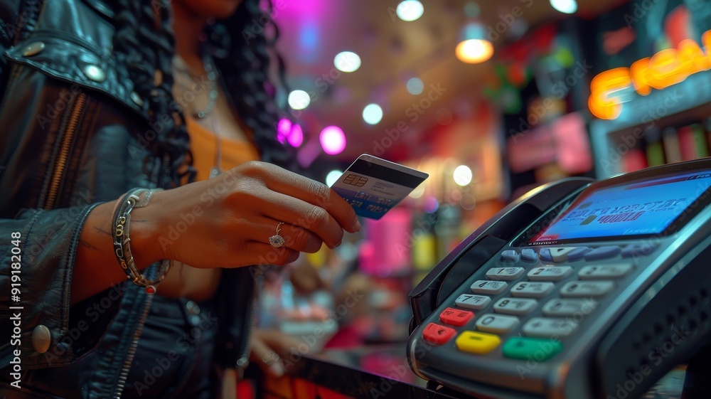 A close-up of a shopper's hands holding a credit card while making a purchase A close-up of a shopper's hands holding a credit card while making a purchase
