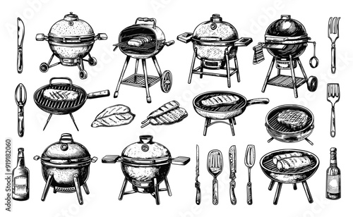 Barbecue Grill barbeque Engraving Style Icons Set BBQ Grills Outdoor Cooking Equipment Vintage Grill Designs Detailed Engravings Black and White Illustration Barbecue Icons