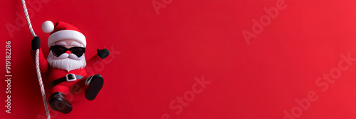 3d render secret Santa Claus wearing sunglasses swinging on a rope