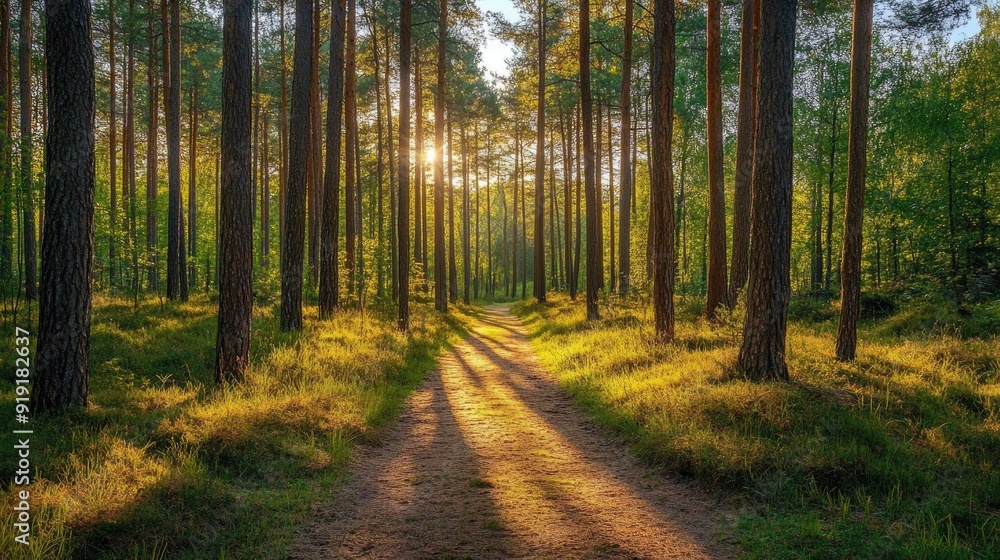 Obraz premium Path through a green pine forest with tall trees and a clear sky above